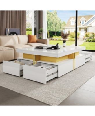 Streamdale Modern Glossy Square Storage Coffee Table with 4 Drawers, 43.3", Black