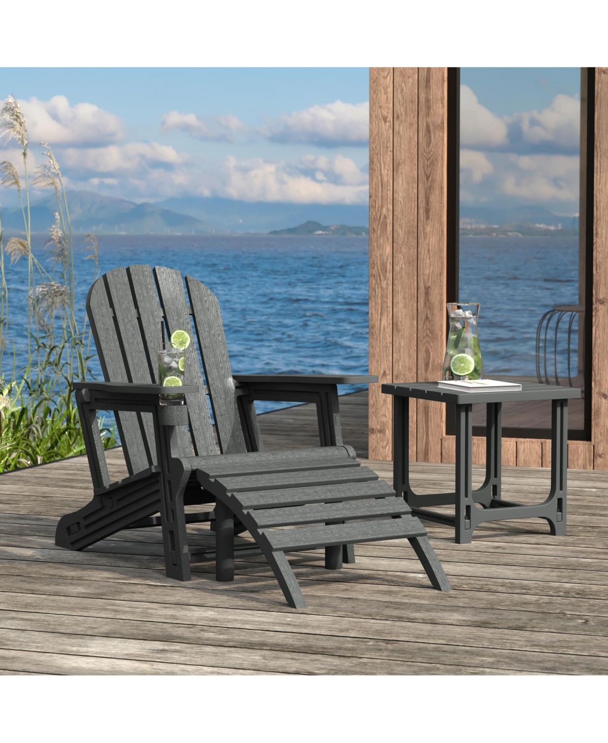 3-Piece Hdpe Outdoor Patio Adirondack Chair with Ottoman and 18" Side Table Set