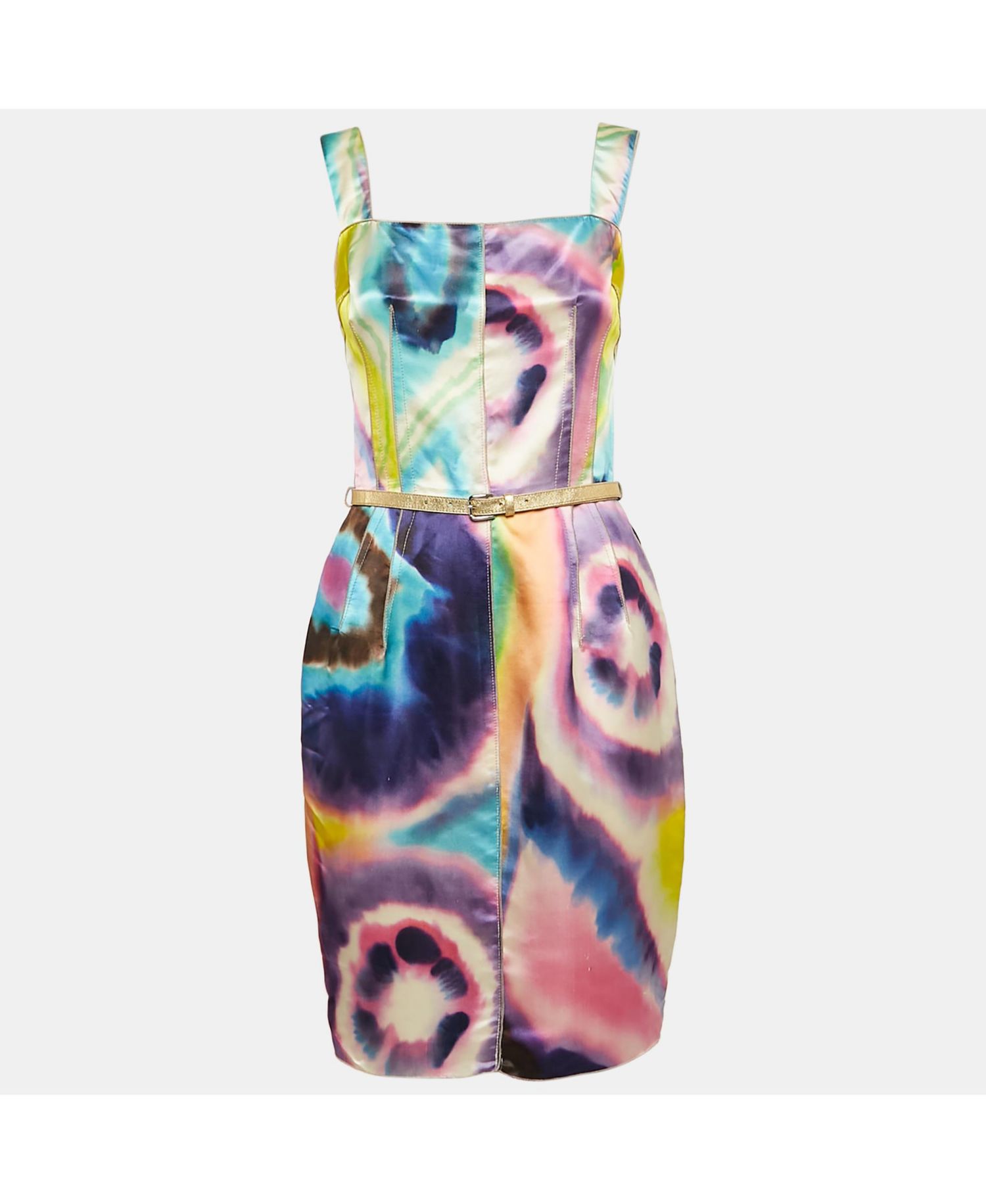 Women's Pre-Owned Dolce and Gabbana Multicolor Tie-Dye Print Satin Sheath Dress