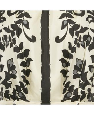 Women's Black/white Printed Silk Sleeveless Knee-Length Dress