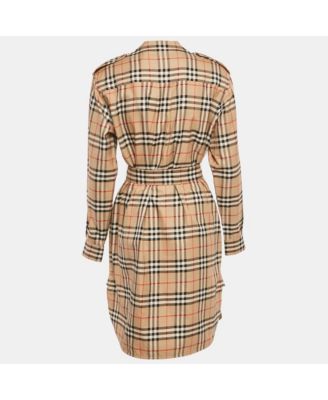 Women's Beige Check Print Cotton Belted Short Dress