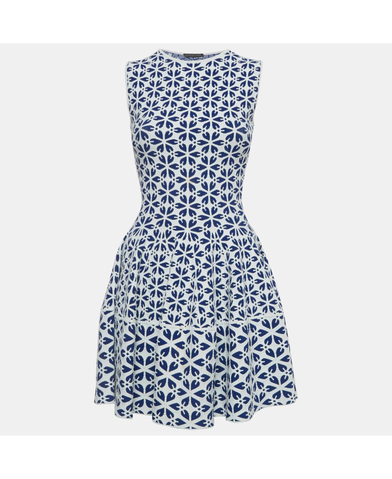 Women's White/blue Floral Pattern Stretch Knit Mini Dress