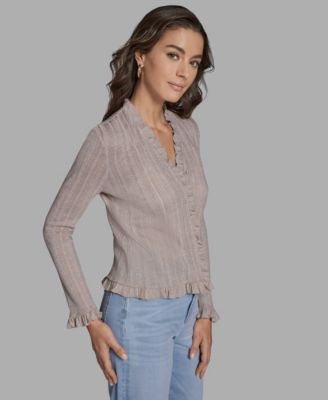 Women's V-Neck Ruffle Hem Cardigan Sweater