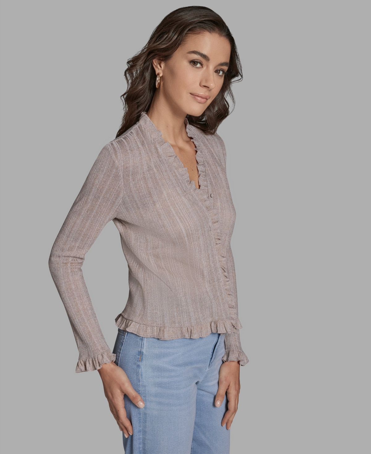 Bcbg Women's V-Neck Ruffle Hem Cardigan Sweater