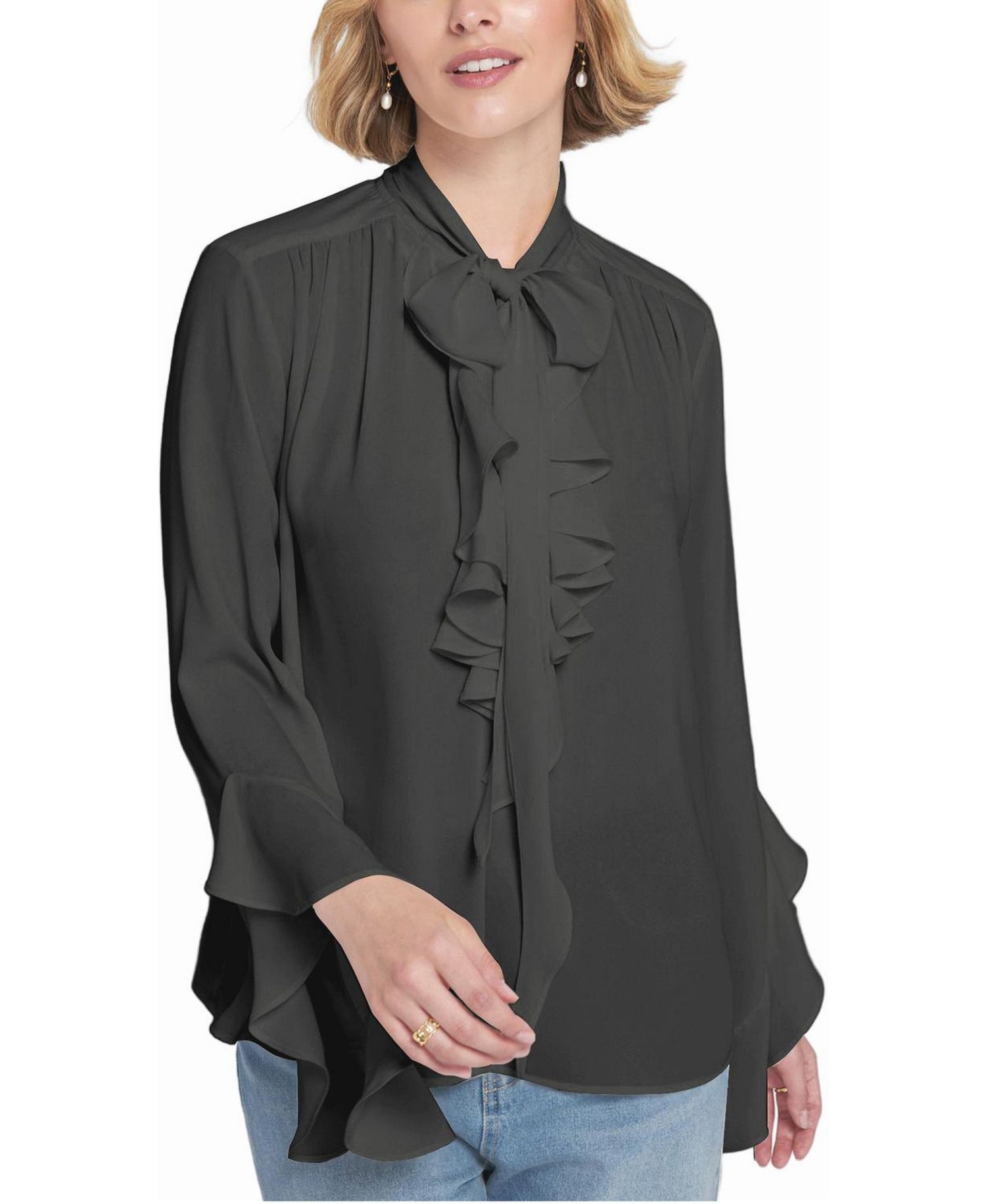 Women's Flounce-Trimmed Tie-Neck Blouse Top