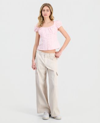 Juniors' Eyelet Short-Sleeve Button-Front Top