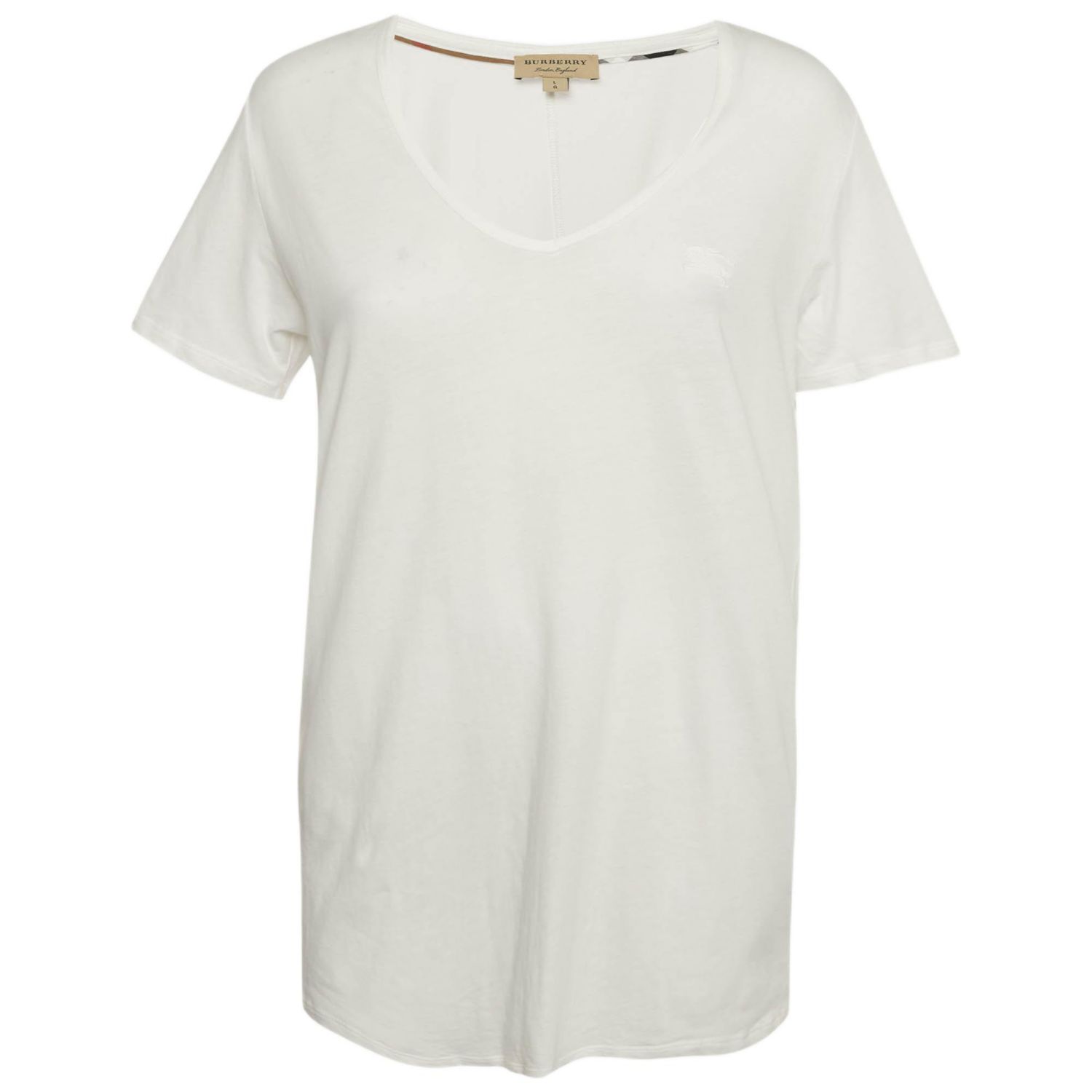 Women's White Logo Embroidered Cotton V-Neck T-Shirt