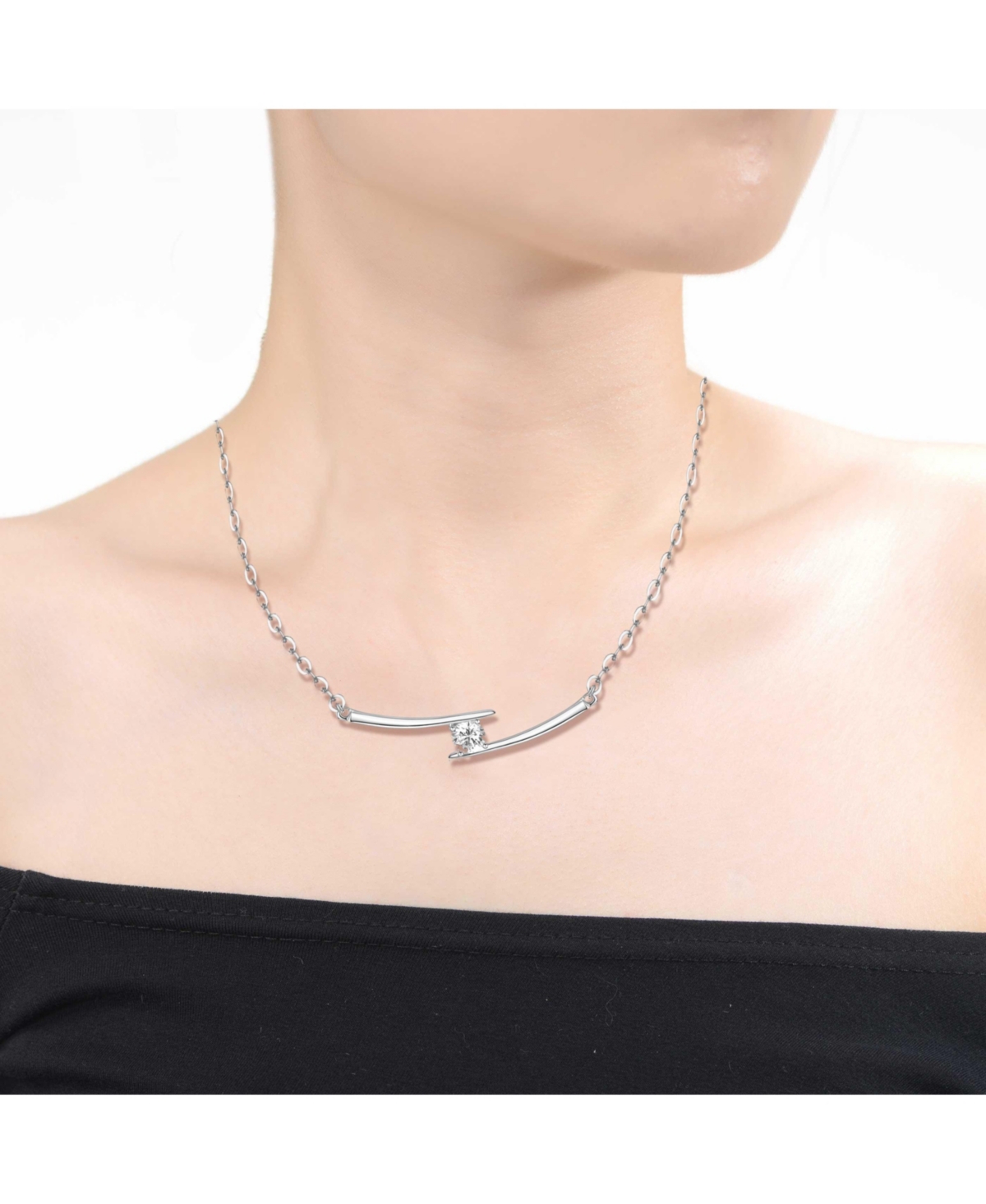 Sterling Silver with Cubic Zirconia Solitaire Double Bar Pendant Necklace