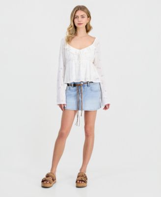 Juniors' Denim Belted Mini Skirt
