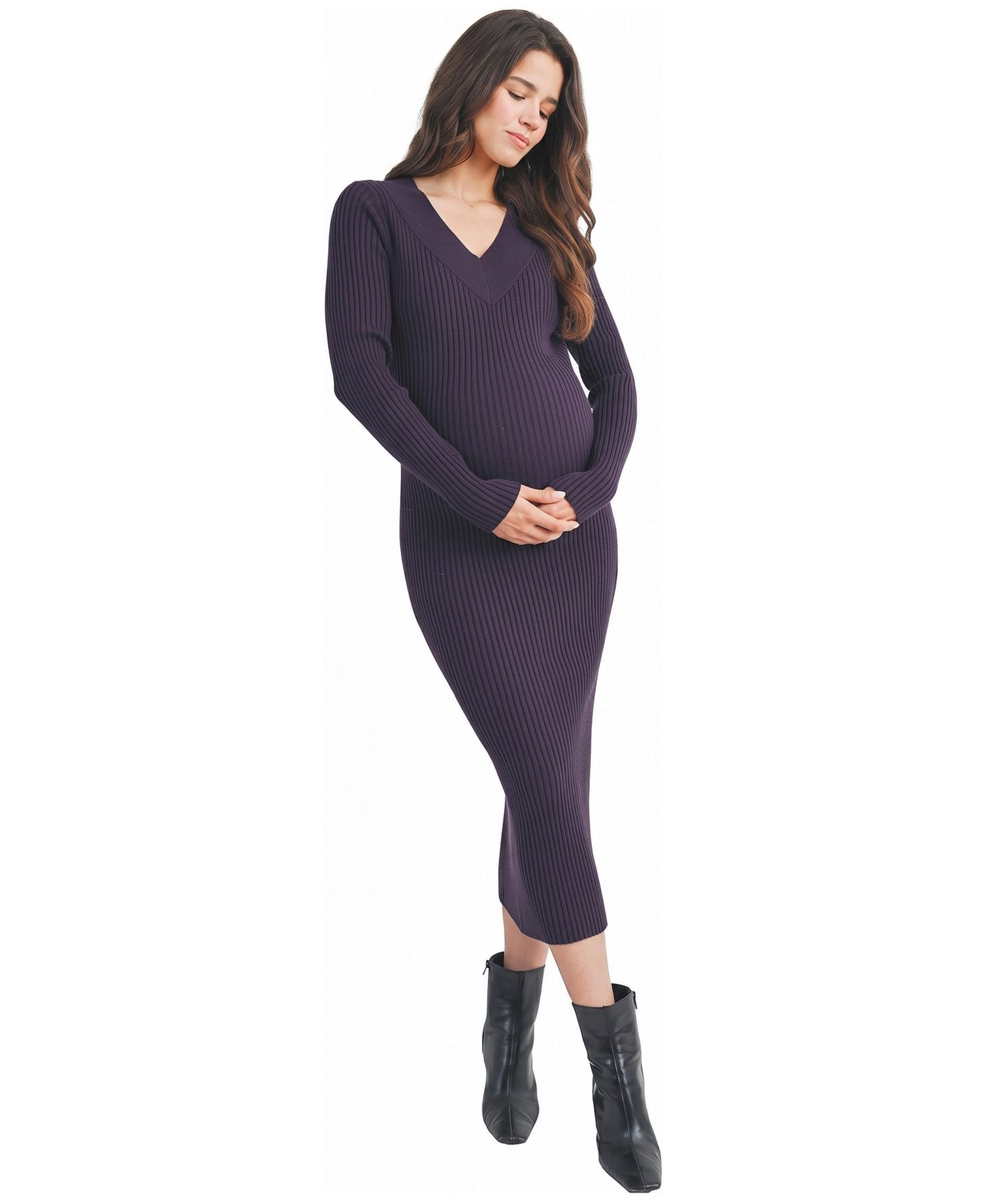 Женское платье Hello Miz Ribbed V-Neck Long-Sleeve Sweater Dress, цвет: Фиолетовый — фото 1