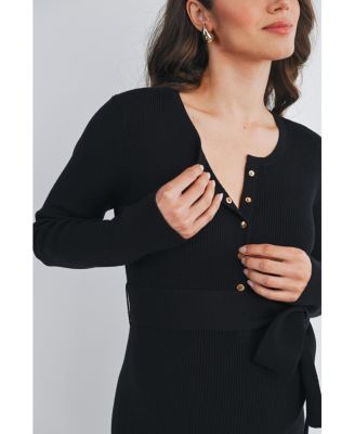 Maternity Ribbed Button Down Waist Tie Midi Nursing Dress - Black - Large