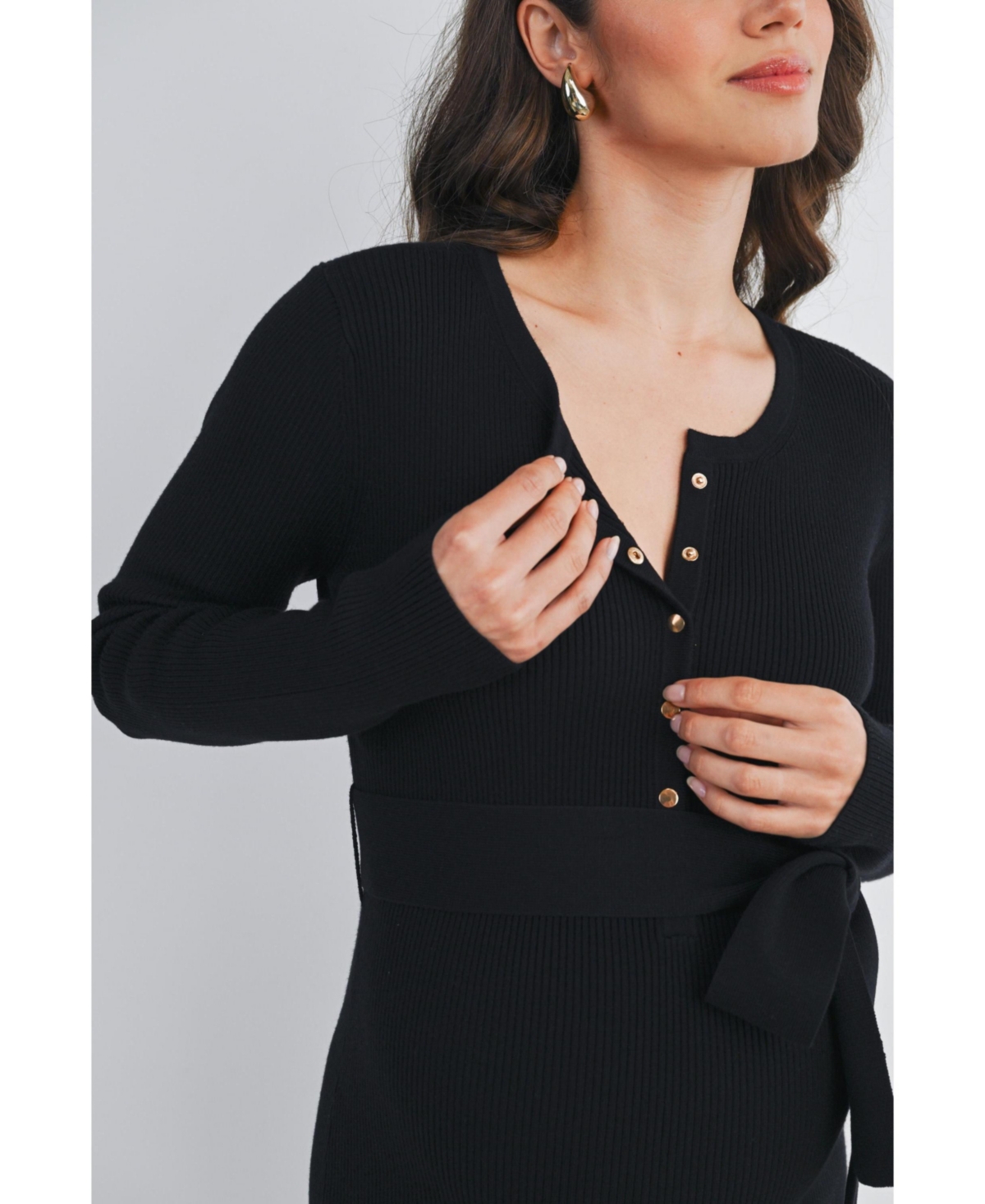 Hello Miz Maternity Ribbed Button Down Waist Tie Midi Nursing Dress - Black