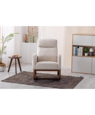 Beige Linen Rocking Recliner Chair – Modern Home Furniture with Wood Legs, Side Pocket & High Back