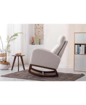 Beige Linen Rocking Recliner Chair – Modern Home Furniture with Wood Legs, Side Pocket & High Back