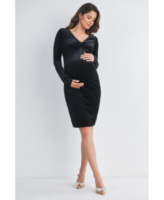 Maternity Long Sleeve V Neck Ruched Velvet Dress - Black - Medium