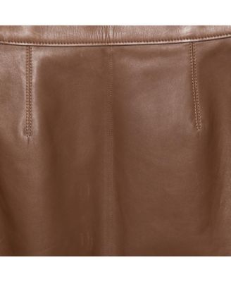 Women's Brown Leather Double Zip Pencil Midi Skirt