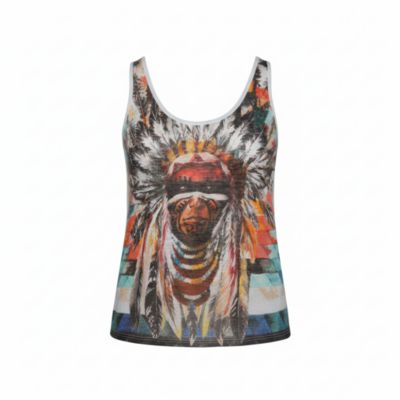 Women's Pale Linen Jersey Red Indian Print Sleeveless Tank Top