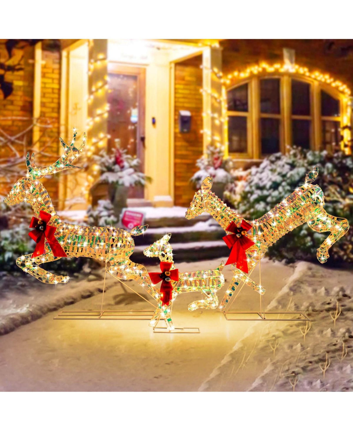 Christmas Lighted Reindeer with Led Lights and Red Bows Stakes