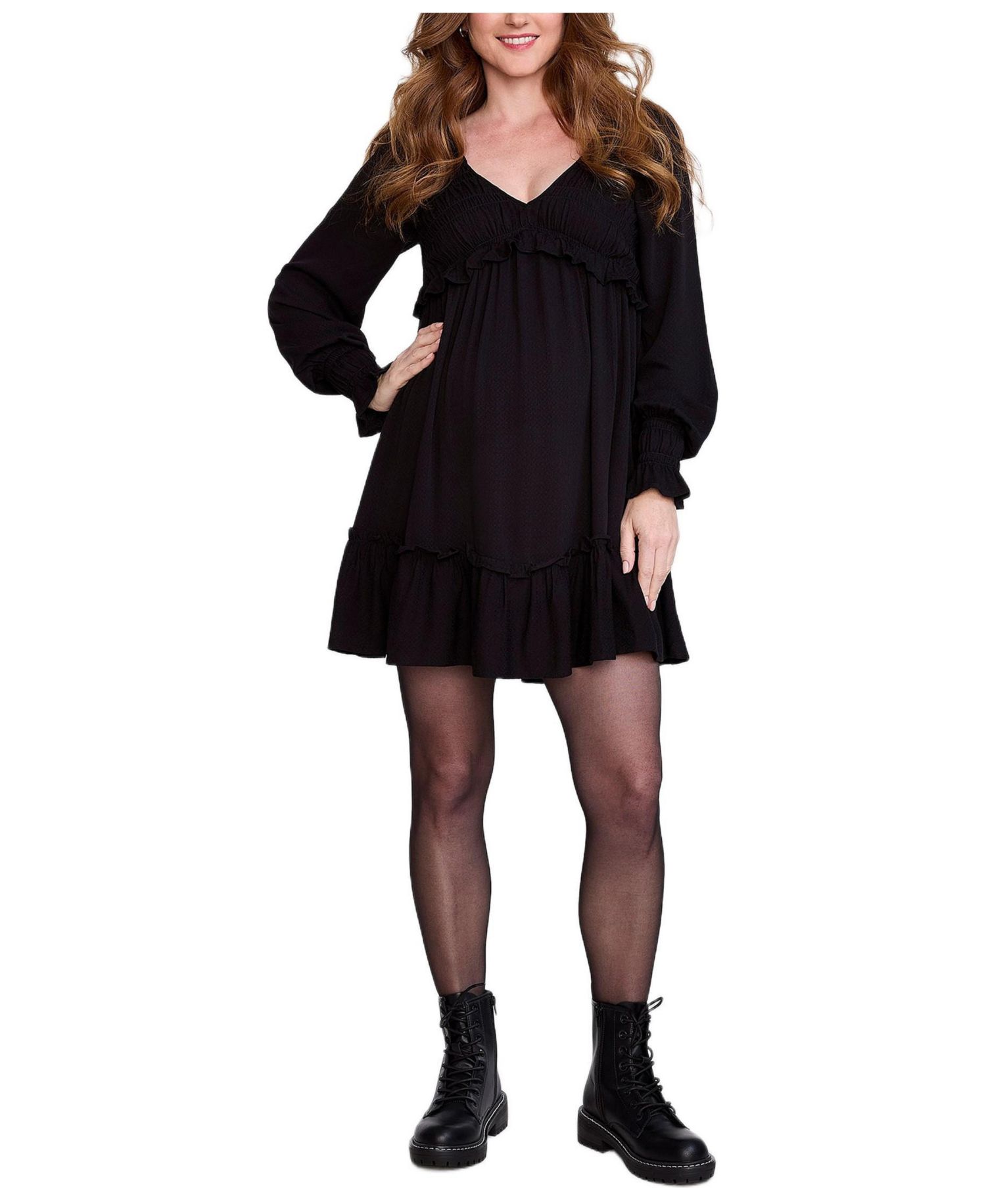 Women's Motherhood V-Neck Long Sleeve Smocked Tiered Short Dress
