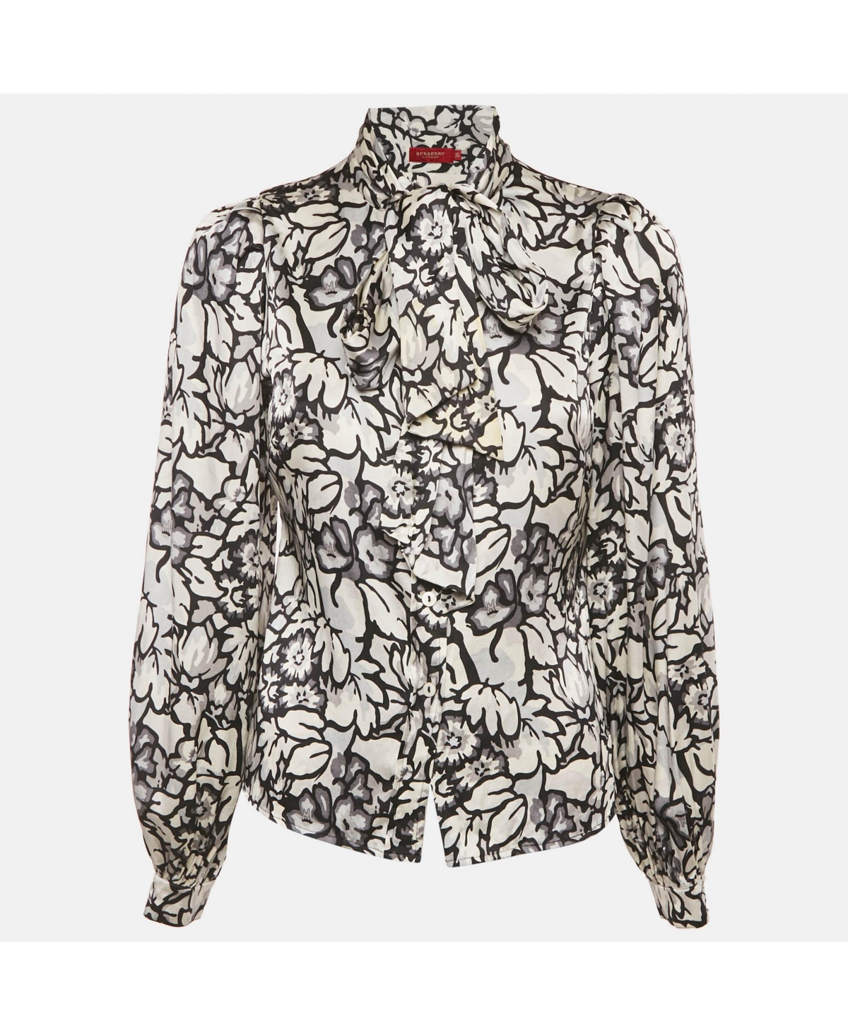 Pre-Owned Burberry Women's Floral Print Satin Silk Tie-Up Neck Detail Blouse