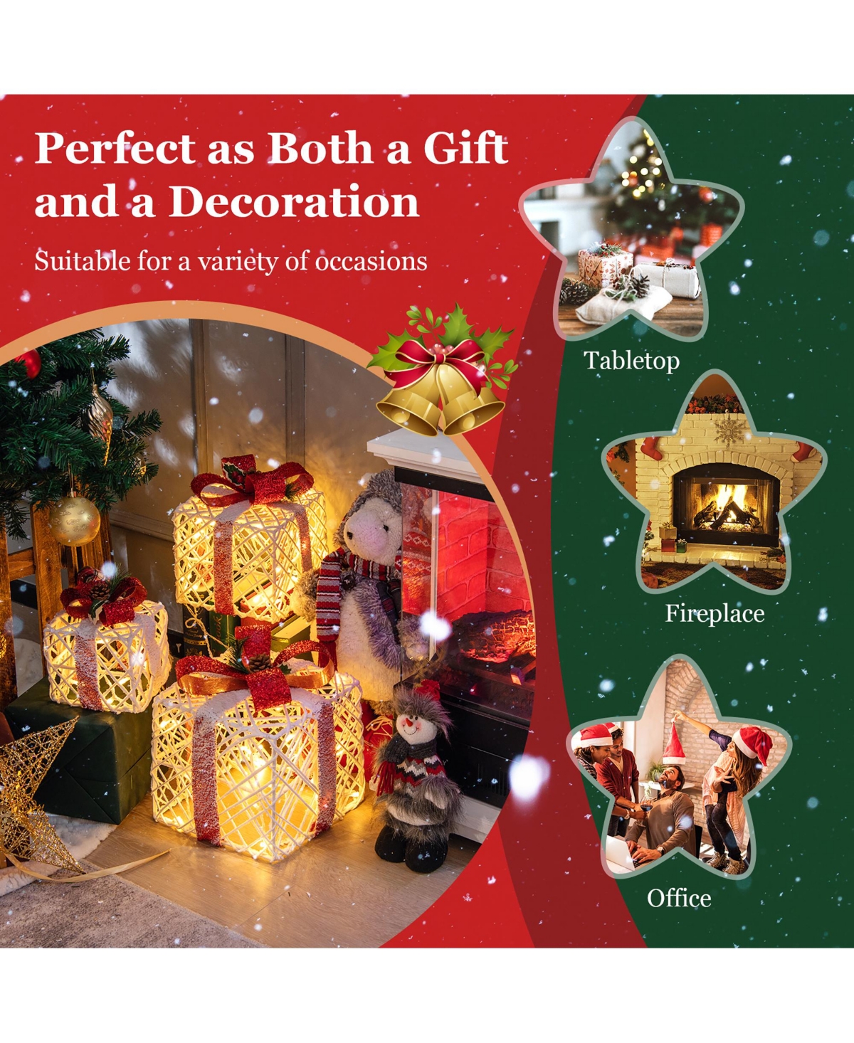 Costway Set of 3 Christmas Lighted Gift Boxes, Indoor Present Box Holiday Decoration