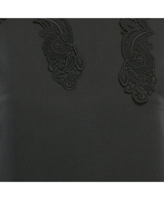 Women's Black Lace Trim Stretch Silk Long Sleeve Top