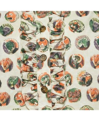 Women's Beige Mask Print Cotton Ruffle Detail Shirt