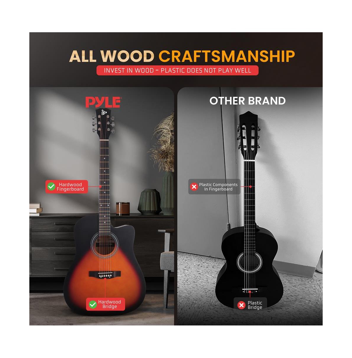 Pyle 41" Full-Size Acoustic Guitar Kit, Cutaway Body with Digital Tuner, and Accessory Kit, (Sunburst Teardrop