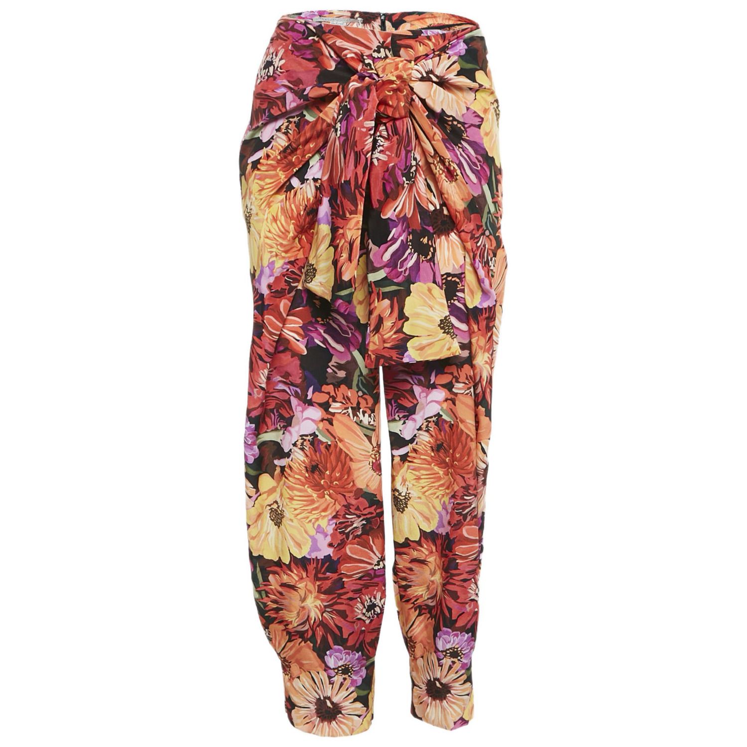 Women's Red Floral Print Silk Tie-Up Trousers