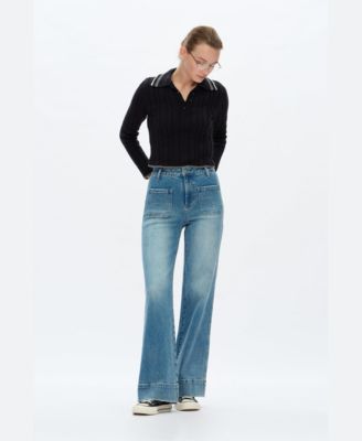 Women's High-Rise Wide-Leg Vintage-Wash Front-Pocket Jeans
