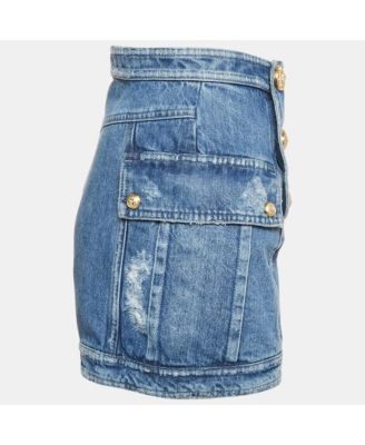 Women's Blue Distressed Denim Button Detail Shorts
