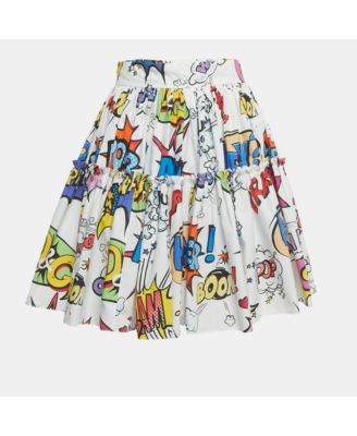 Women's White Comic Print Poplin Tiered Mini Skirt