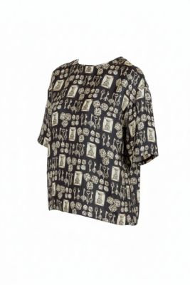 Women's Black And Beige Dice Key Printed Silk Short Sleeve Top