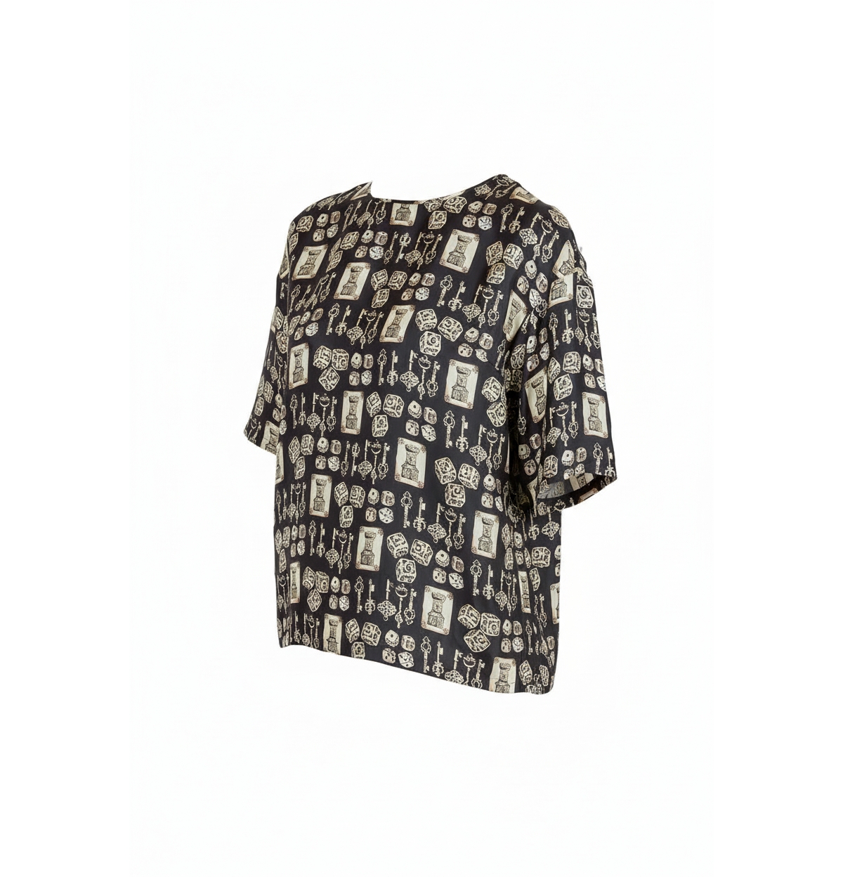 Pre-Owned Dolce & Gabbana Women's Black And Beige Dice Key Printed Silk Short Sleeve Top
