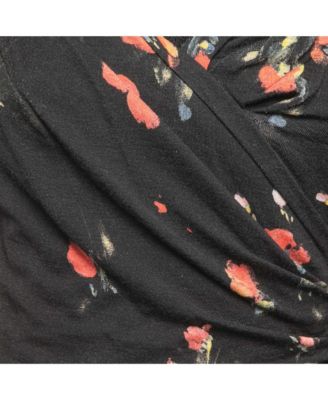 Women's Black Floral Print Knit Draped Long Sleeve Top