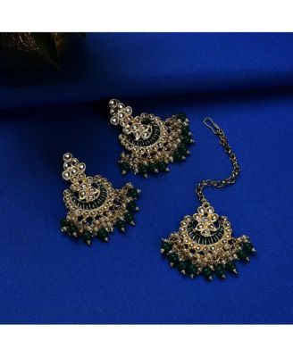 Women's Green  Stone Drop Earrings & Maangtika Set