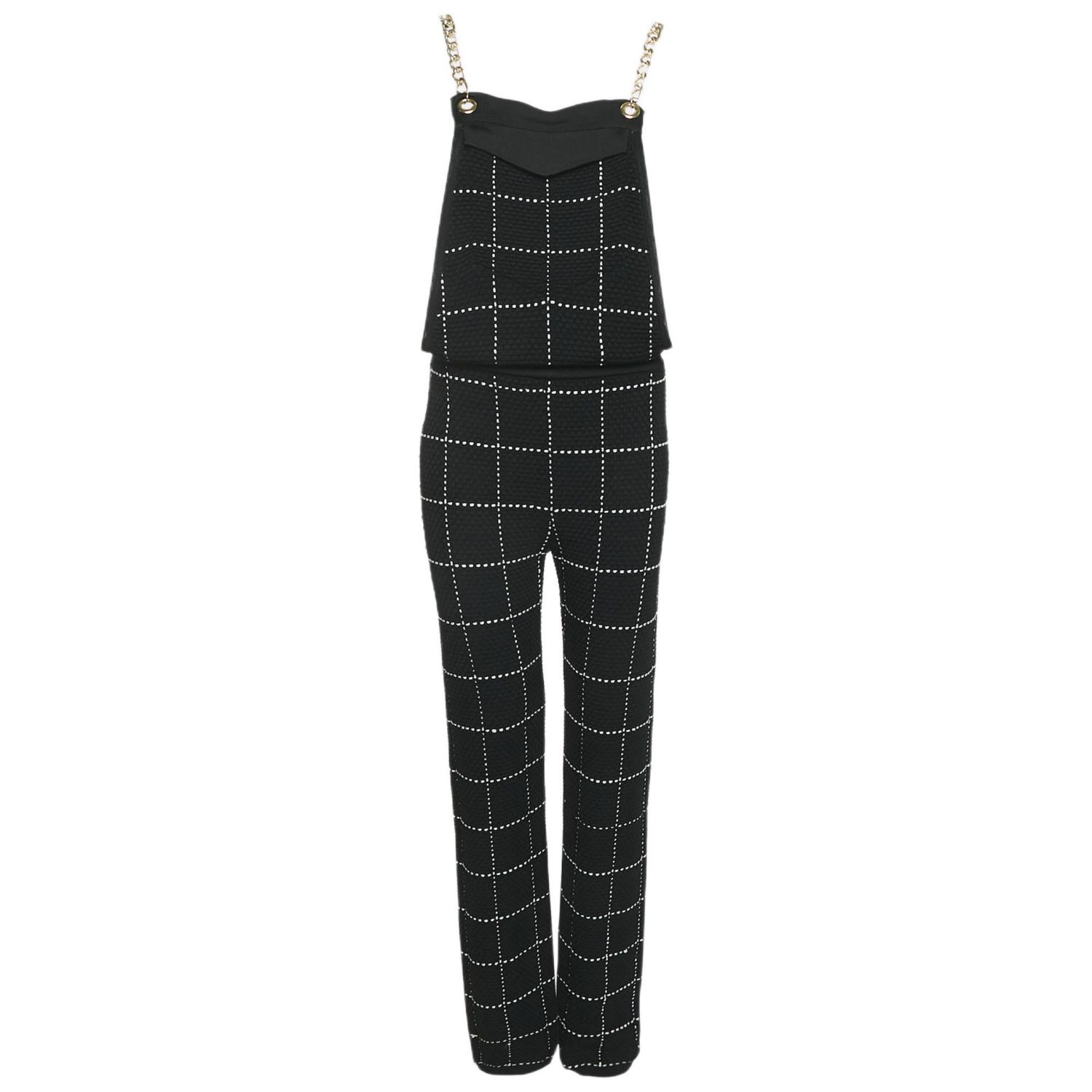 Women's Black Patterned Knit Chain Strap Detail Jumpsuit