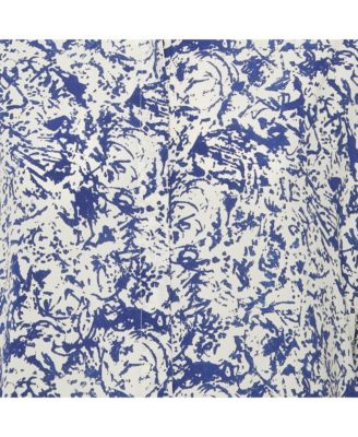 Women's White/blue Printed Silk Button Front Cade Top