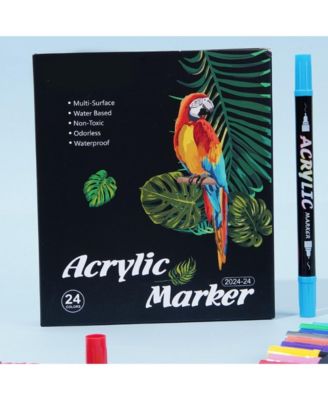 24 Colors Dual Tip Markers, Fast Drying Colorable Acrylic Brush Markers for Wood, Canvas, Rock, Fabrics and Glass