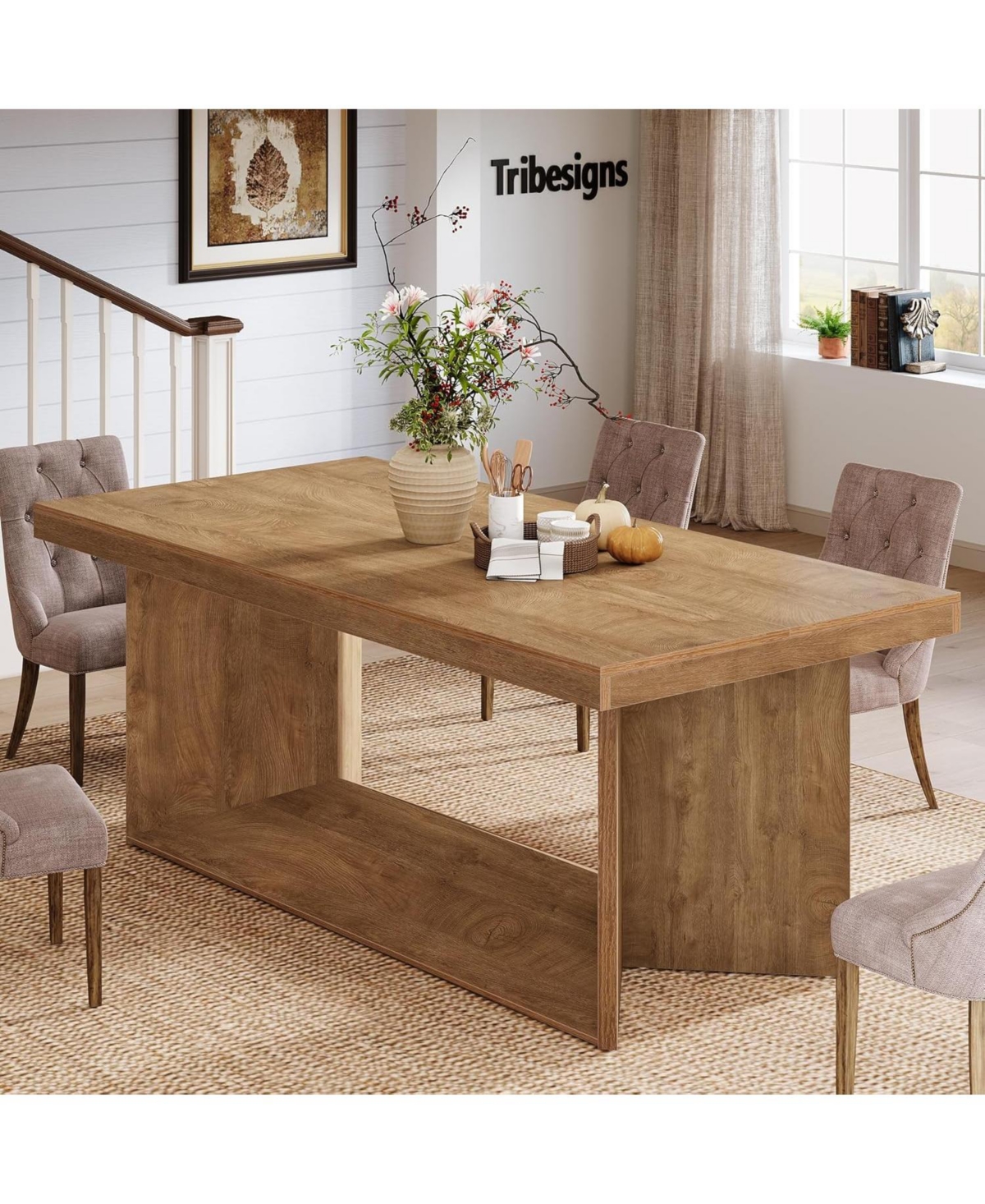 Tribesigns Dining Table for 4-6, Farmhouse Kitchen Table with Heavy Duty Pedestal, Rectangular Wooden Dinner Furniture