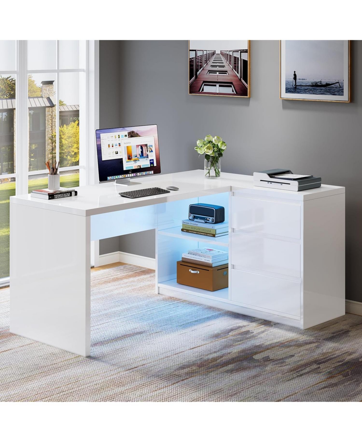 Tribesigns White L-Shaped Computer Desk with 3 Drawers, 55-Inch Modern Gloss Corner Home Office Executive Desk