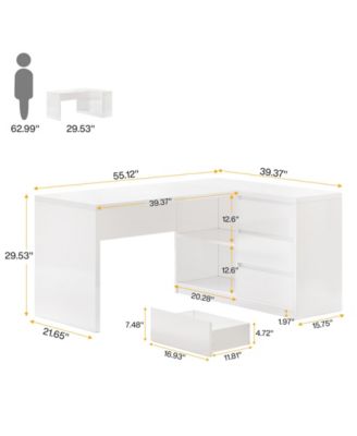White L-Shaped Computer Desk with 3 Drawers, 55-Inch Modern Gloss Corner Home Office Executive Desk