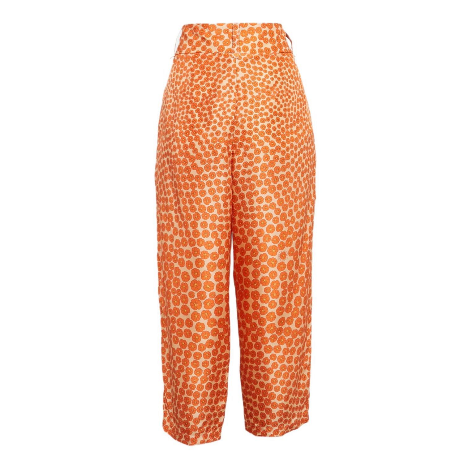 Women's Orange Ditsy Floral Print Silk Trousers