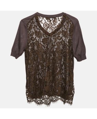 Women's Brown Jersey And Lace V-Neck Top