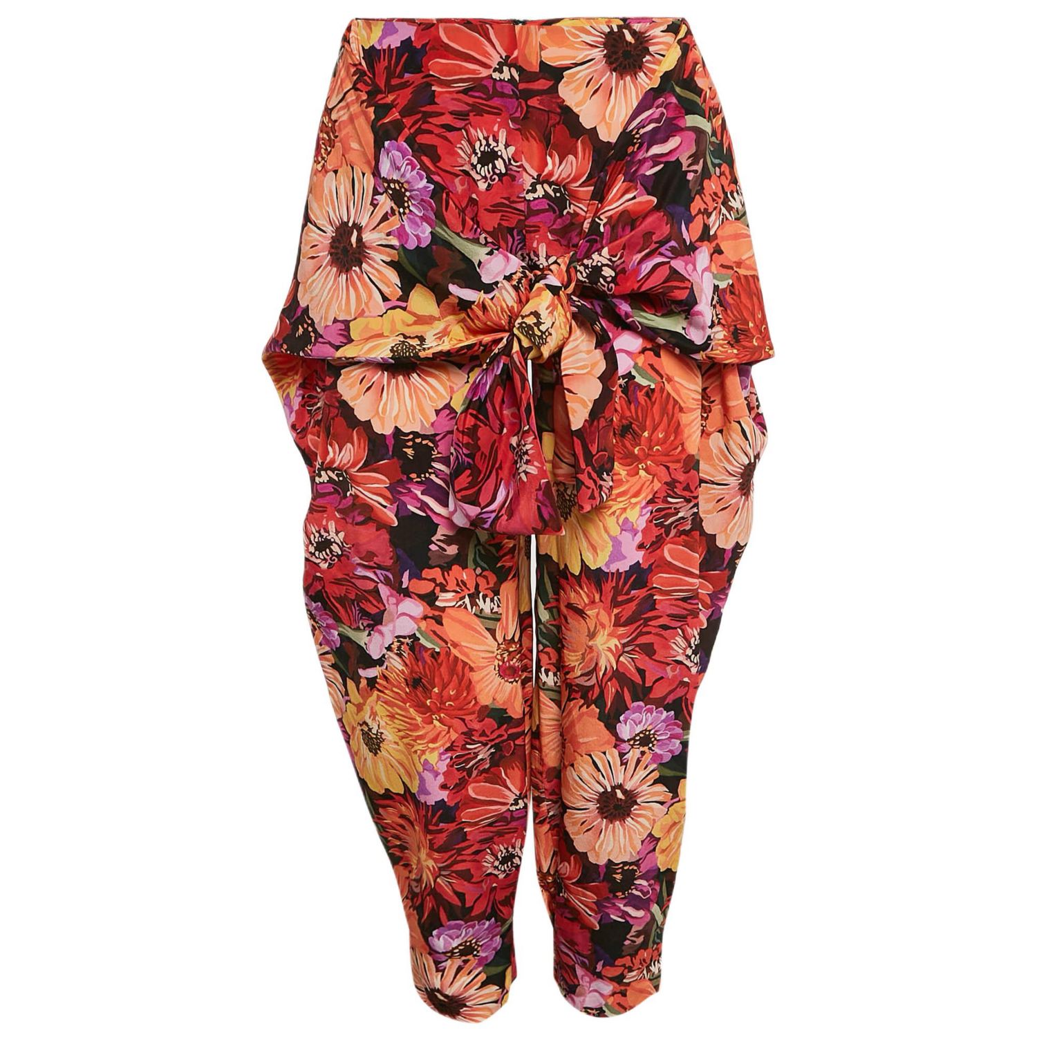 Women's Red Floral Print Silk Tie-Up Trousers