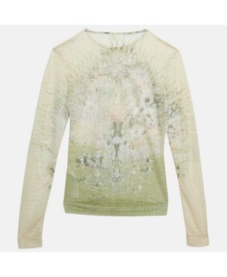 Women's Cream Monogram Sheer Jacquard Knit Long Sleeve Top