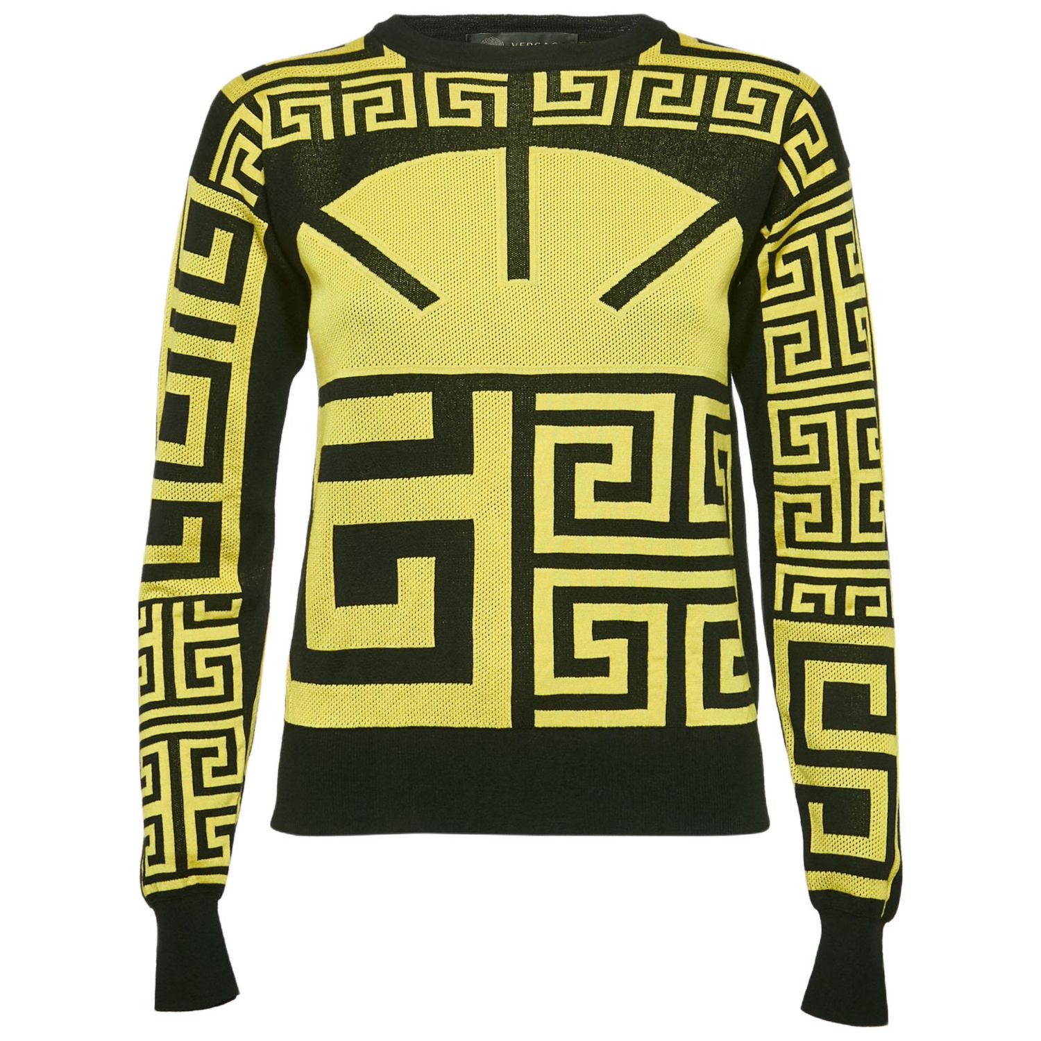 Women's Black/yellow Greca Pattern Jersey Crewneck Sweatshirt