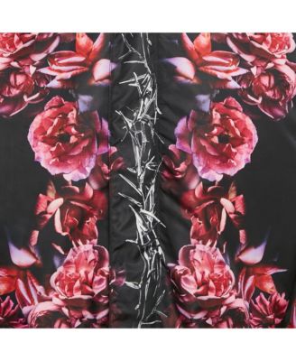 Men's Black Thorn & Rose Print Nylon Reversible Bomber Jacket