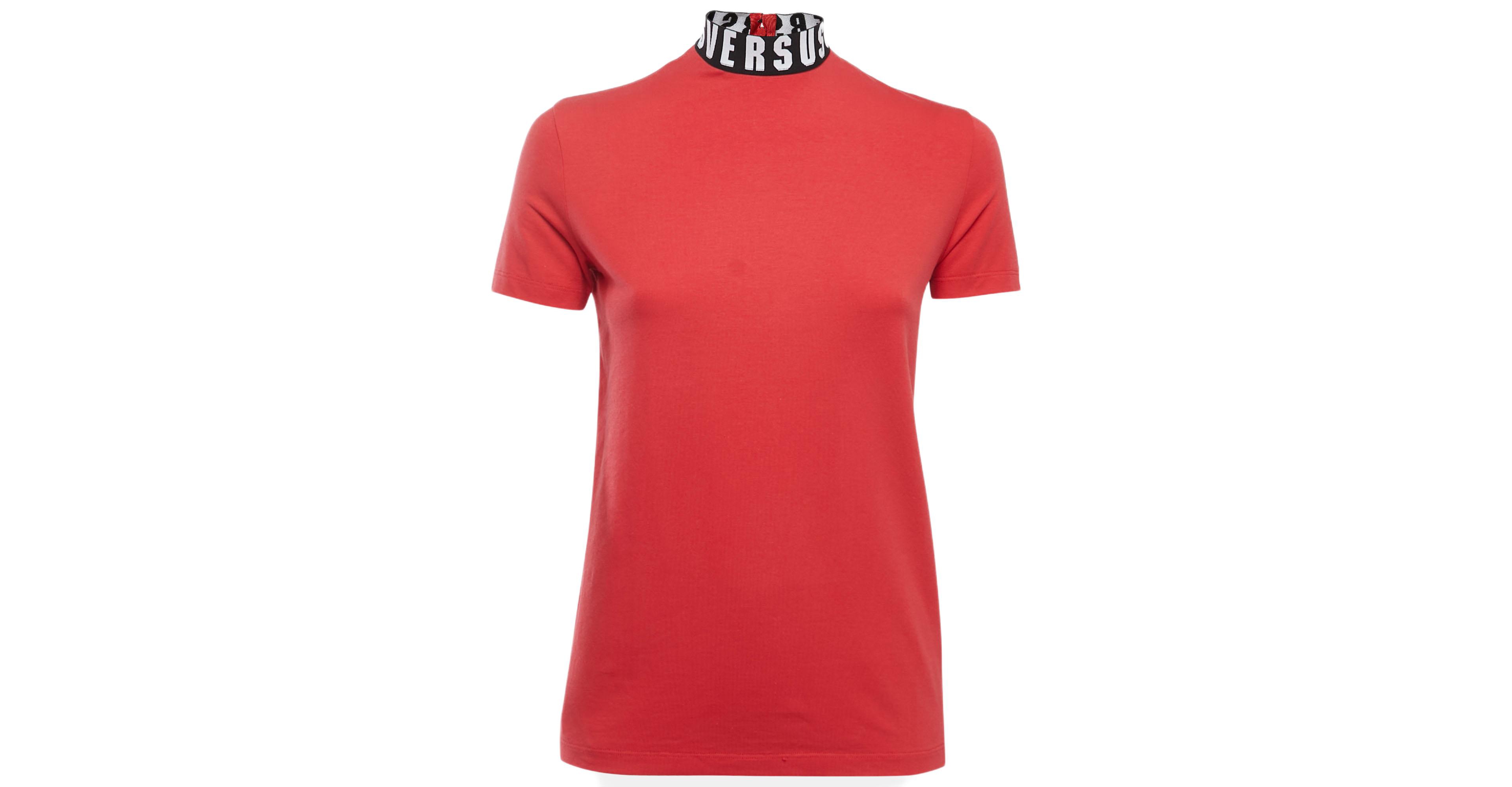Pre-Owned Versace Women's Pre-Owned Versus Versace Red Cotton Logo Detailed High Neck T-Shirt