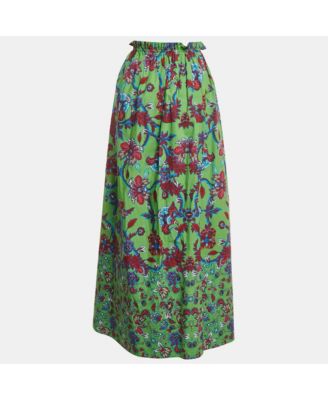 Women's Green Floral Printed Cotton Elastic Midi Skirt